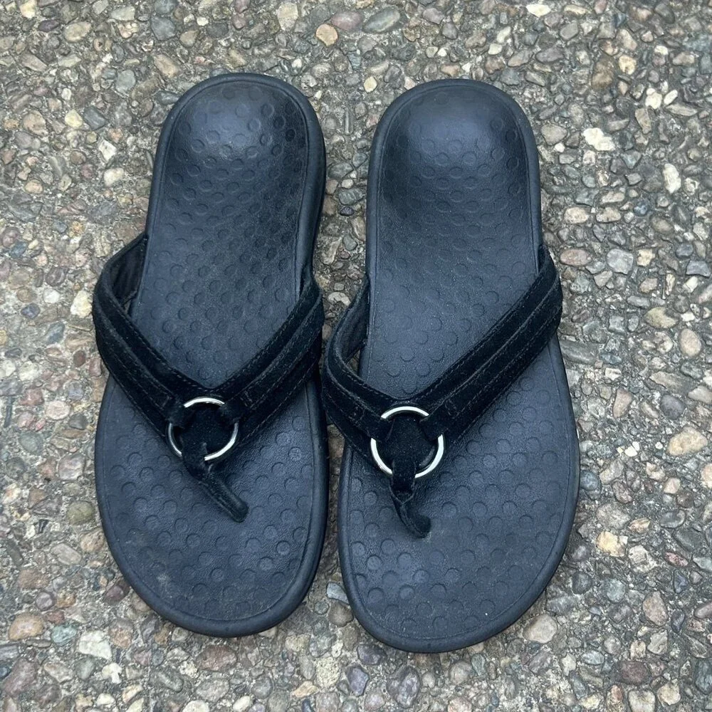 Vionic Black Suede Leather Tide Aloe Toe Post Ortho Heel Thong Sandals Size 7 - Picture 8 of 11